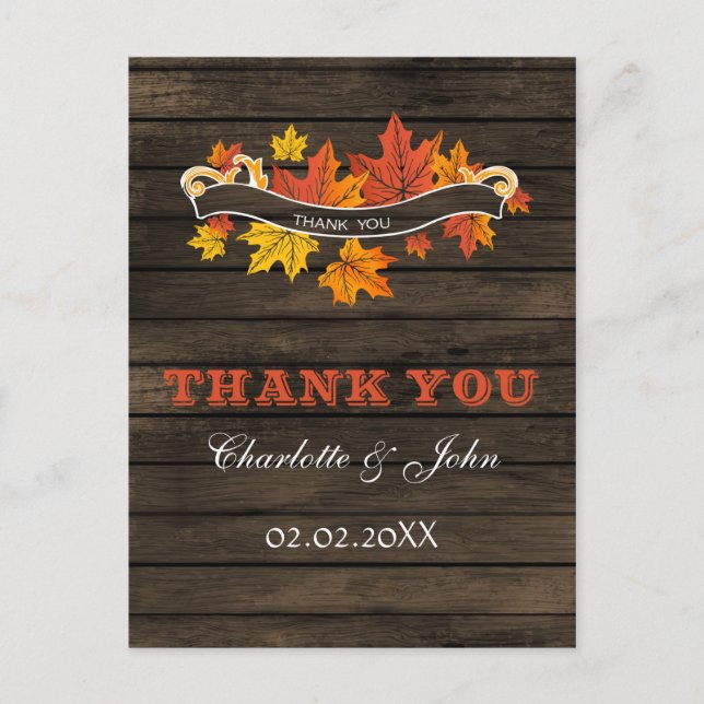 Barnwood Rustic Fall wedding Thank You Postcard (Front)