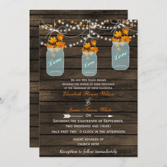 Barnwood, Rustic mason jar fall wedding Invitation (Front/Back)