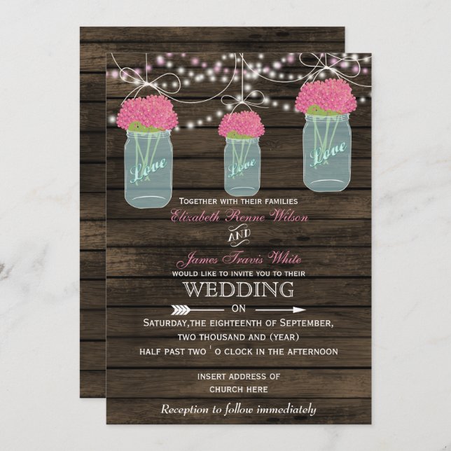 Barnwood, Rustic mason jar wedding invitations (Front/Back)