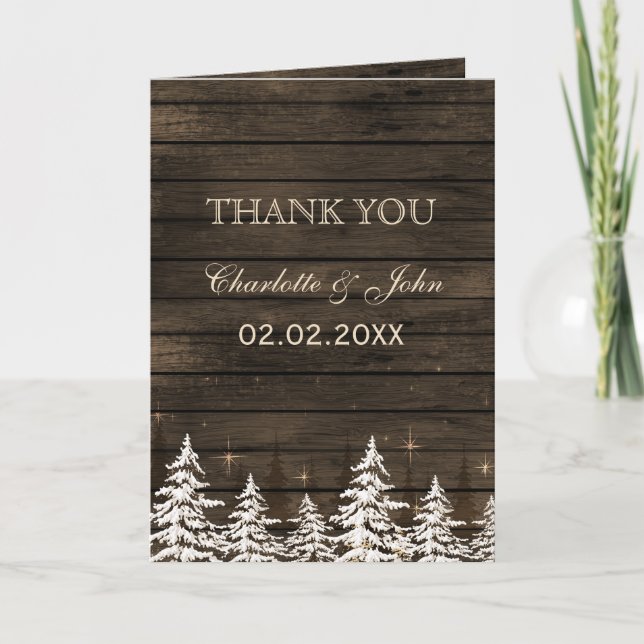 Barnwood Rustic Pine trees, winter Thank You Card (Front)