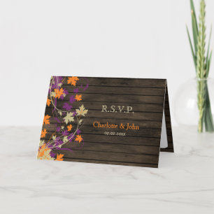 Barnwood Rustic plum fall leaves wedding RSVP Invitation