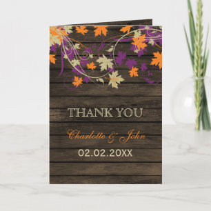 Barnwood Rustic plum fall leaves wedding Thank You Card