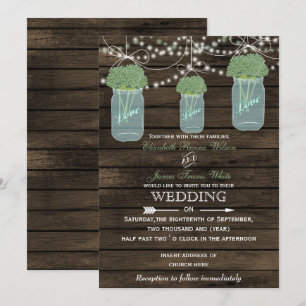 Barnwood, sage mason jar wedding invitations