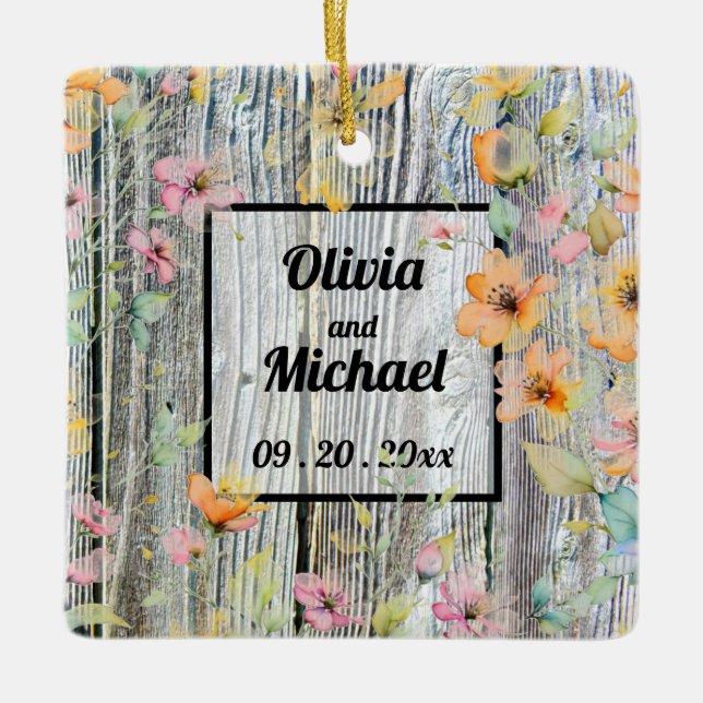  Barnwood script botanical  watercolor flowers Ceramic Ornament (Front)