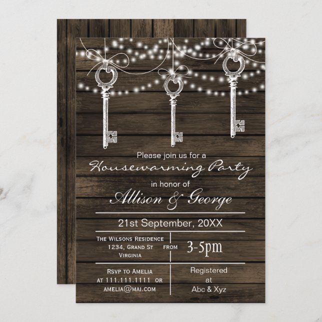 Barnwood vintage keys rustic housewarming invites (Front/Back)