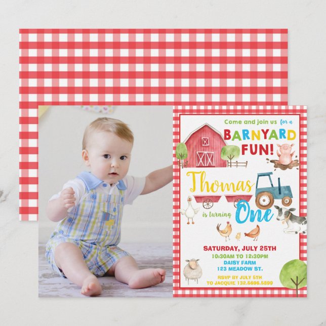 Barnyard 1st Birthday Party Cute Farm Animal Photo Invitation (Front/Back)