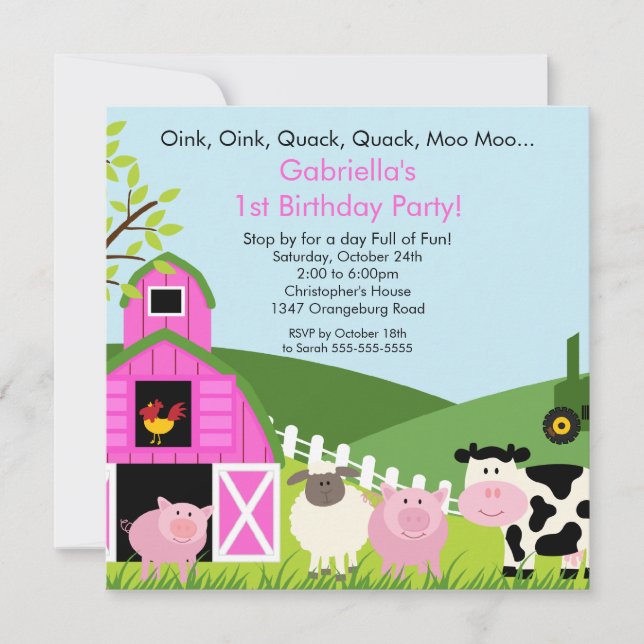 Barnyard Animal Fun Birthday Party Pink Girls Invitation (Front)
