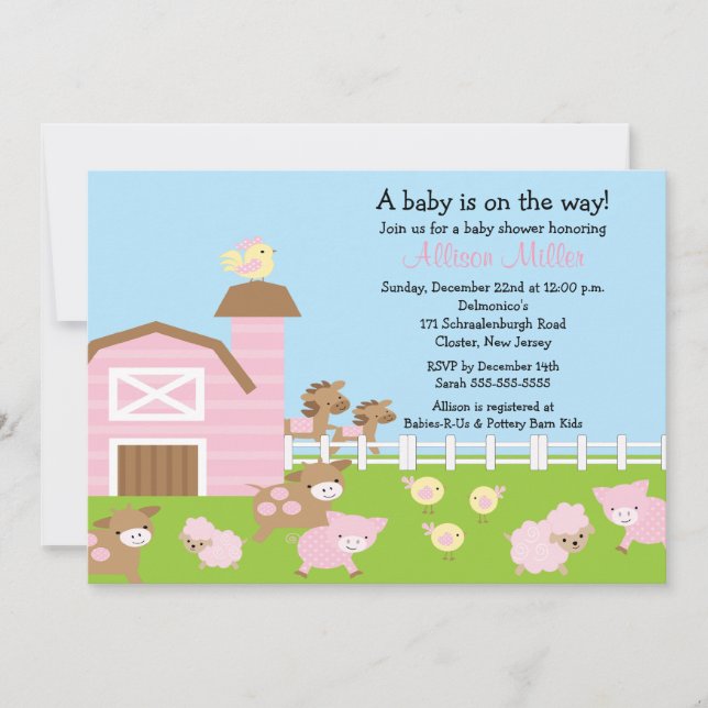 Barnyard Animals Baby Girl Shower Invitation (Front)