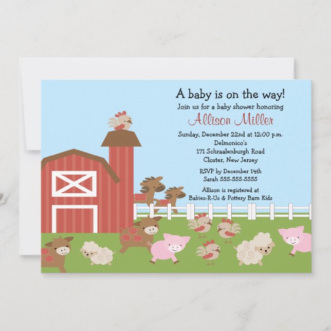 Barnyard Animals Baby Girl Shower Invitation (Front)