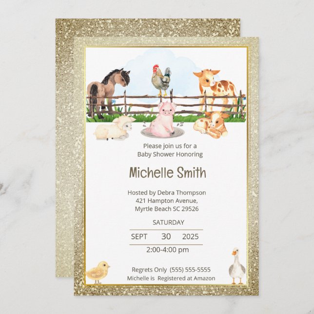 Barnyard Animals Gold Glitter Baby Shower   Invitation (Front/Back)