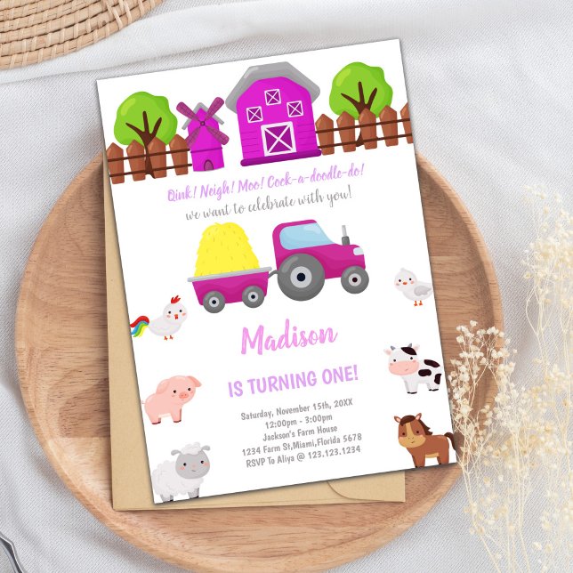 Barnyard Animals Party Invite (Pink Farm Birthday Invitations)