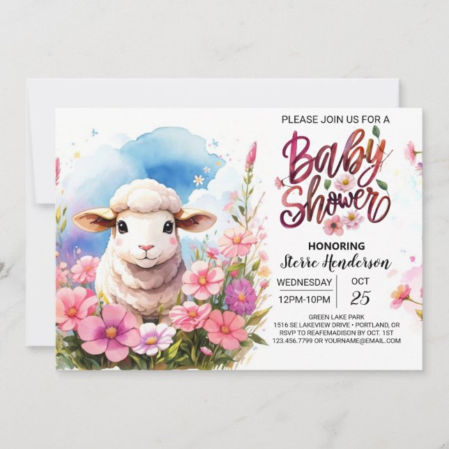 Barnyard Beauty Pink Lamb Girl Baby Shower Invitation (Front)