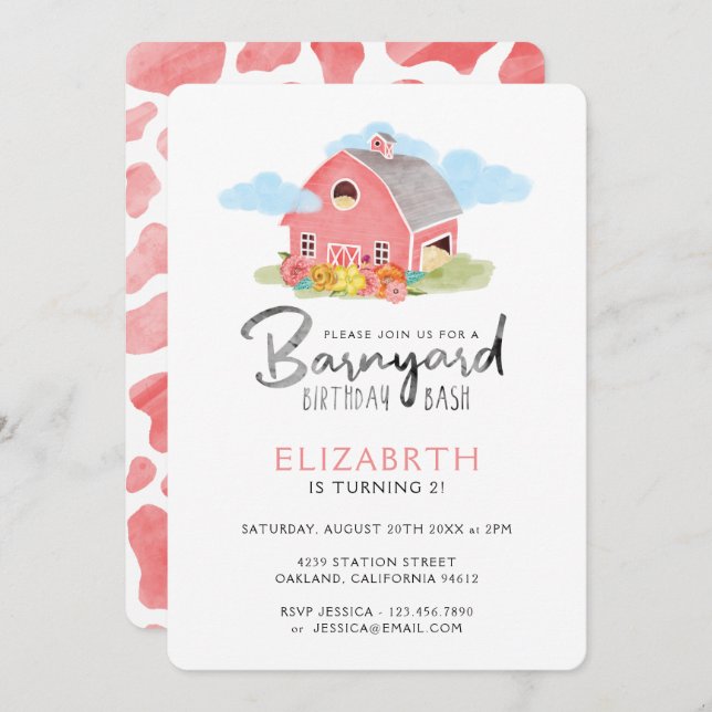 Barnyard Birthday Bash Watercolor Country Farm Invitation (Front/Back)