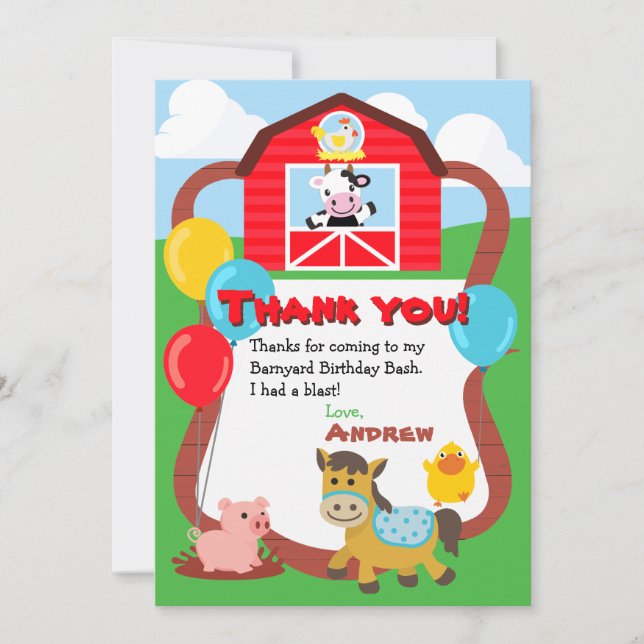 Barnyard Birthday Farm Animal Thank You Cards (Front)