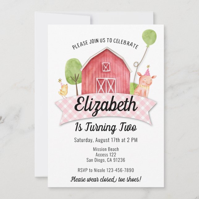 Barnyard Birthday Invitation, Girls Farm Party Invitation (Front)