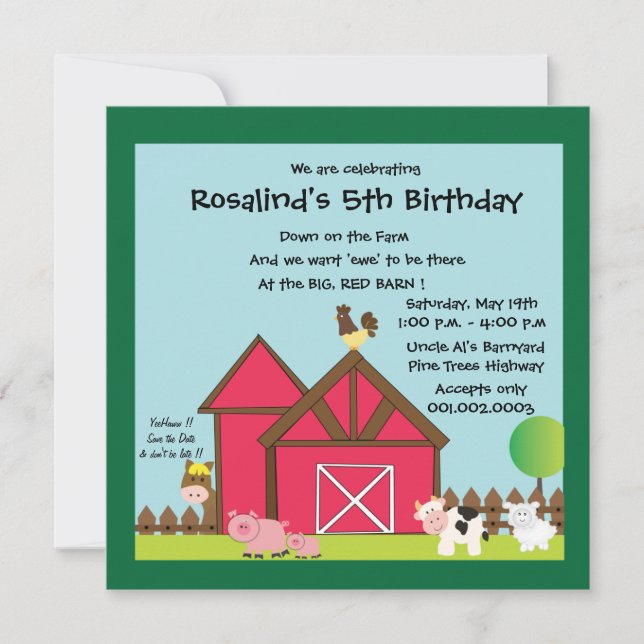 Barnyard Birthday party invites -green (Front)