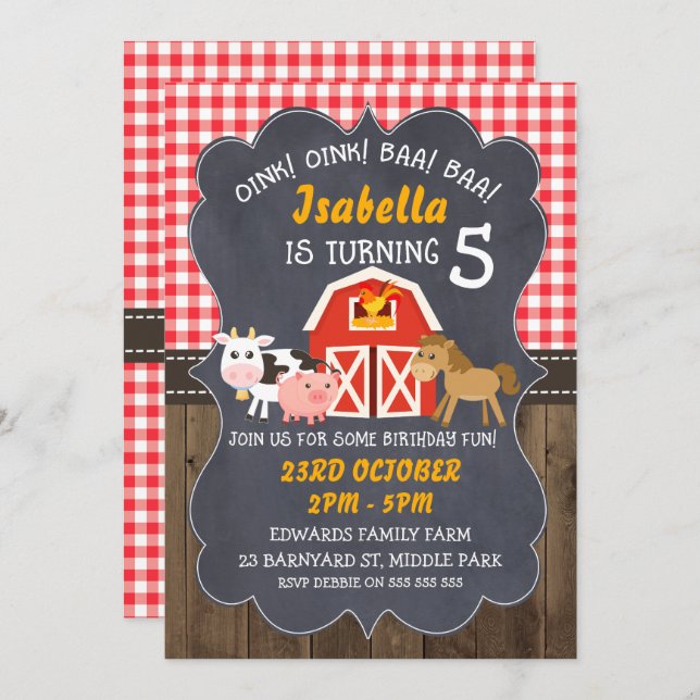 Barnyard Chalkboard Photo Birthday Invitation (Front/Back)