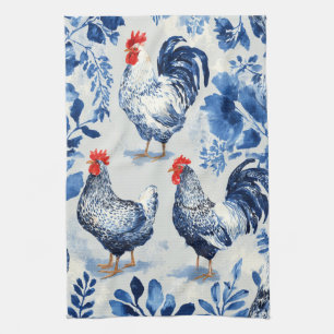 Barnyard Chickens and Botanical Pattern Design Tea Towel