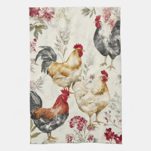 Barnyard Chickens and Botanical Pattern Design Tea Towel