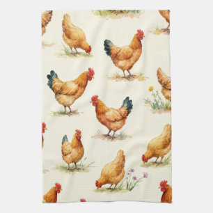 Barnyard Chickens and Botanical Pattern Design Tea Towel