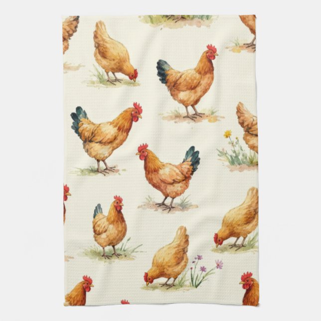 Barnyard Chickens and Botanical Pattern Design Tea Towel (Vertical)