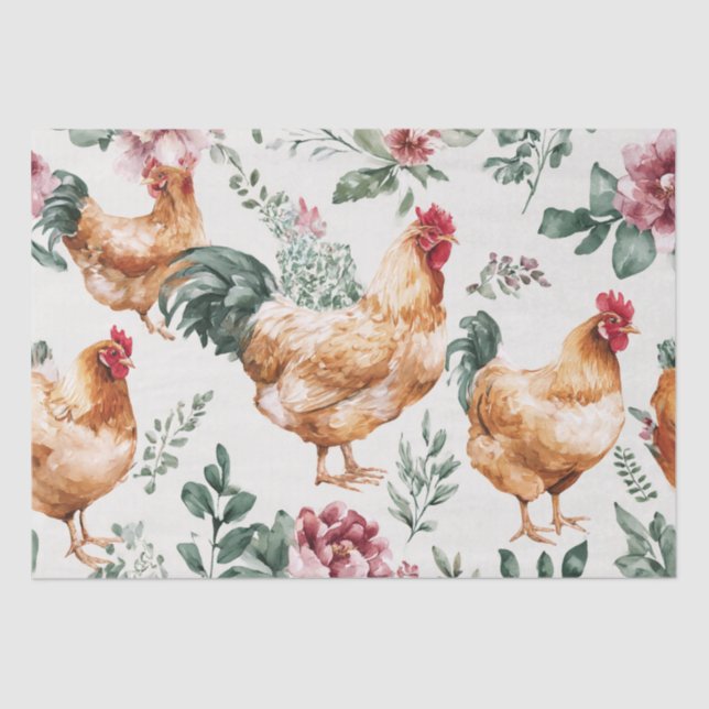 Barnyard Chickens and Botanical Pattern Tissue Paper (Front)