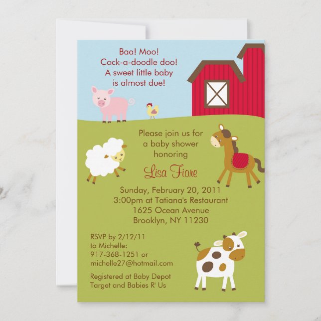 Barnyard Farm Animal Baby Shower Invitations (Front)