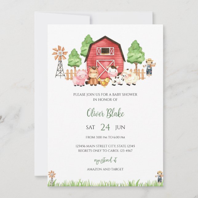 Barnyard Farm Animals Baby Shower Invitation (Front)