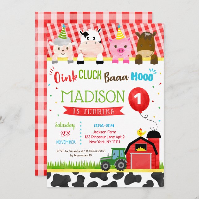 Barnyard Farm Animals Birthday Party Invitations (Front/Back)