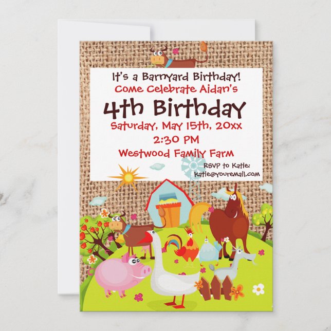 Barnyard Farm Animals Burlap Birthday Invitation (Front)