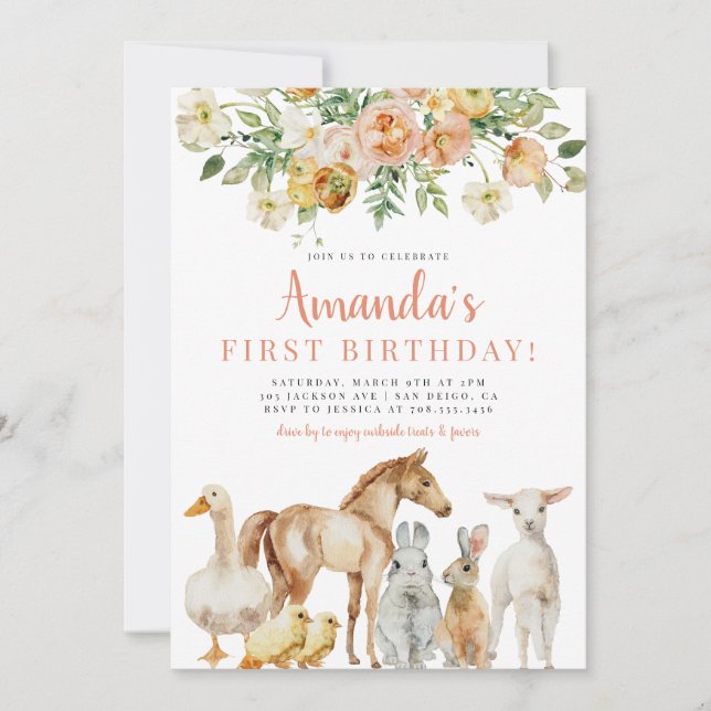 Barnyard Farm Animals Girl Floral Peach Birthday Invitation (Front)