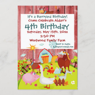 Barnyard Farm Animals Red Wood Birthday Invitation