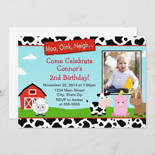 Barnyard Farm Birthday Invitation 5x7 Photo Card (Front/Back)