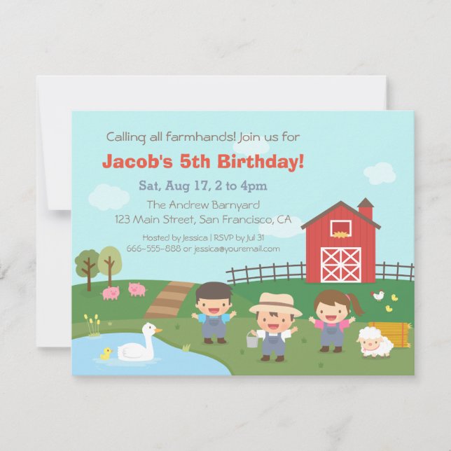 Barnyard Farmhands Kids Birthday Party Invitations (Front)