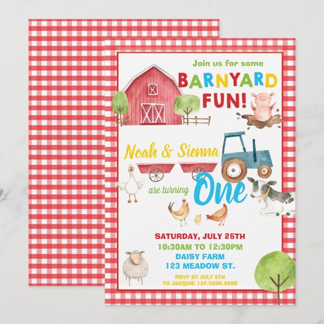 Barnyard Fun 1st Birthday Party Farm Animals Twins Invitation (Front/Back)