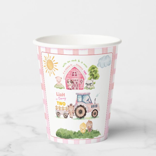 Barnyard Fun Pink 2nd Birthday  Paper Cups (Front)
