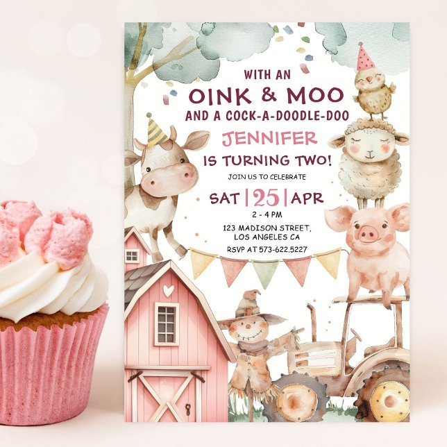 Barnyard Girl Pink Farm 2nd Birthday Invitation (Creator Uploaded)