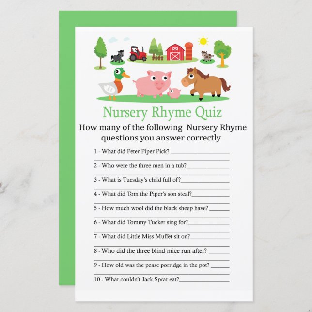 Barnyard Nursery Rhyme Quiz baby shower game (Front/Back)