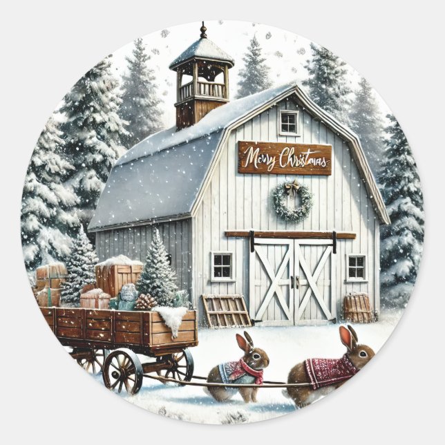 Barnyard, Rabbits pulling cart with Gifts, Winter Classic Round Sticker (Front)