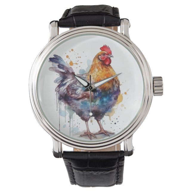 Barnyard Splendour: Watercolor Hen Watch (Front)
