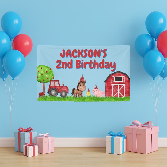 Barnyard Tractor Animals 2nd Birthday  Banner (Little boy's farm birthday party banner)