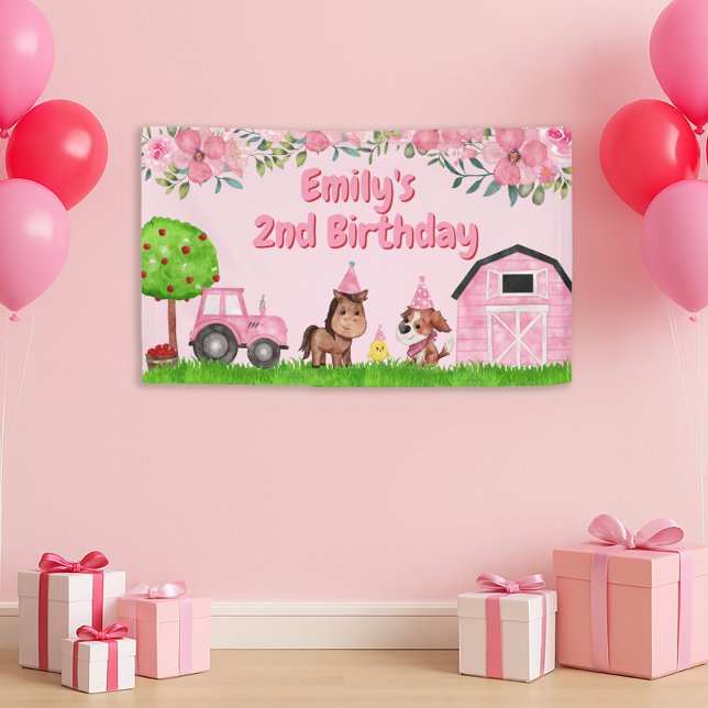Barnyard Tractor Animals Pink 2nd Birthday  Banner (Cute pink barn and farm animals little girl's 2nd birthday party banner)