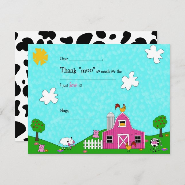 Barnyard Whimsy Pink Fill-in-the Blank  Thank You Card (Front/Back)