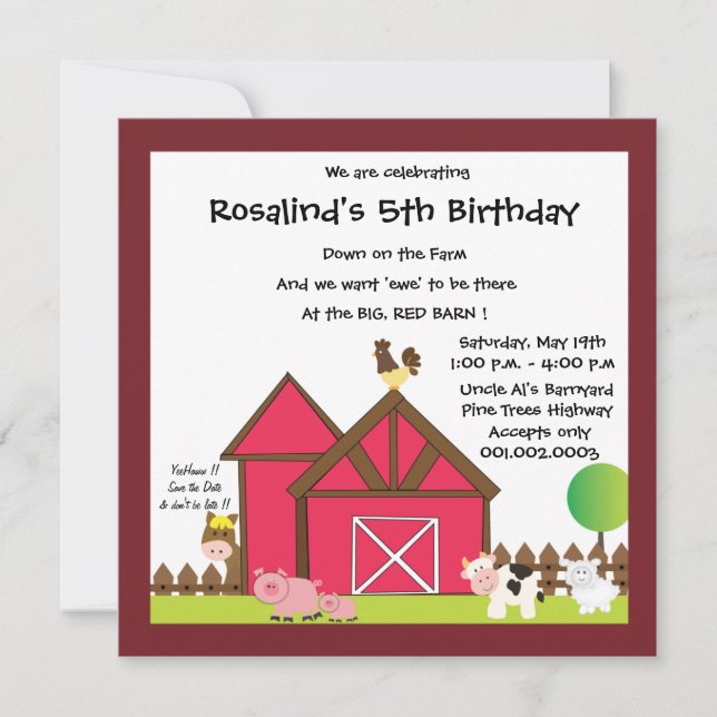 Barnyard white Birthday party invites (Front)