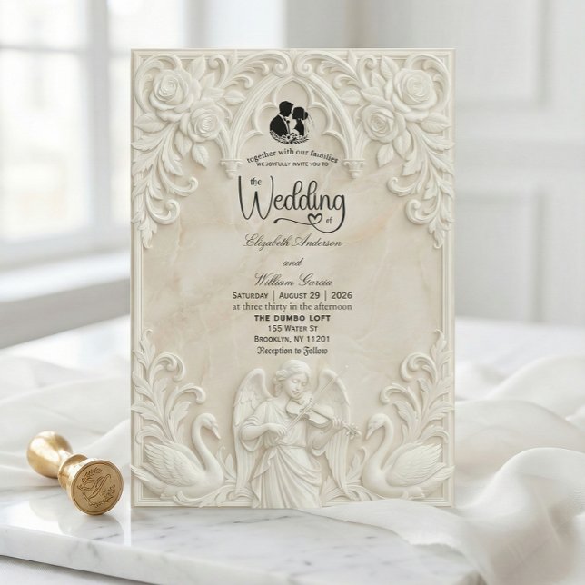Baroque Angel & Swans Vintage Cream Wedding  Invitation (Creator Uploaded)