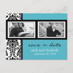 Baroque Aqua-Black-White 2-Photo Save the Date Announcement Postcard