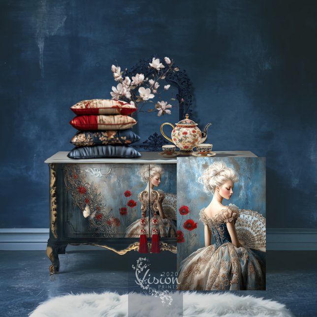 Baroque Ballet, Elegant Rococo Portrait & Poppies Tissue Paper (Baroque Ballet, Elegant Rococo, Red Poppies & Navy Blue Portrait Art Decoupage Tissue Paper)