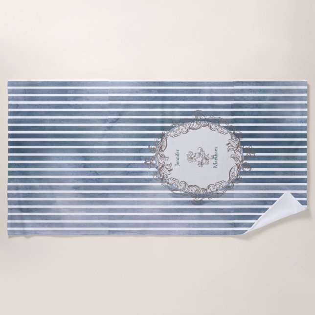 Baroque Blue-Grey Watercolor Stripe  Beach Towel (Front)
