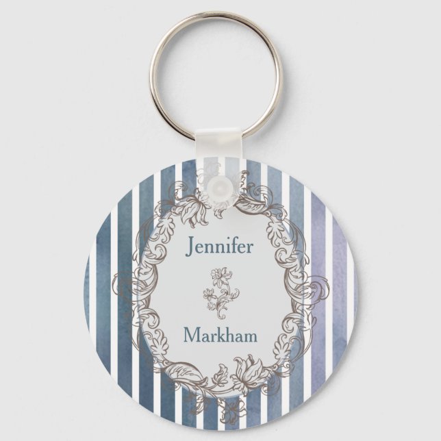 Baroque Blue-Grey Watercolor Stripe  Key Ring (Front)