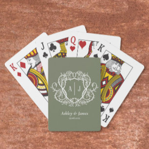 Baroque Botanical Sage Monogram Crest Wedding Playing Cards